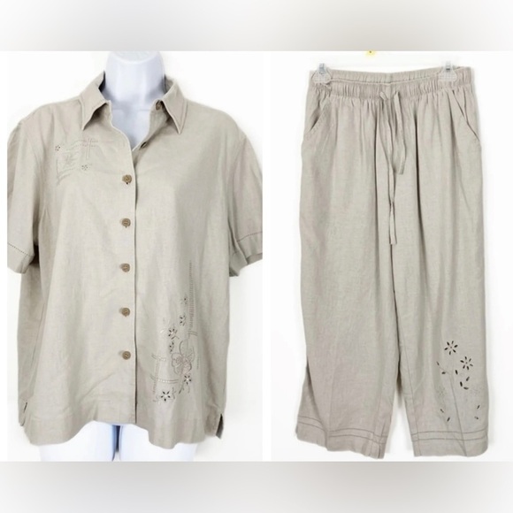 VINTAGE 90s Erika Linen Beige Embroidered Set Pants Medium Top Large Casual - Picture 1 of 11
